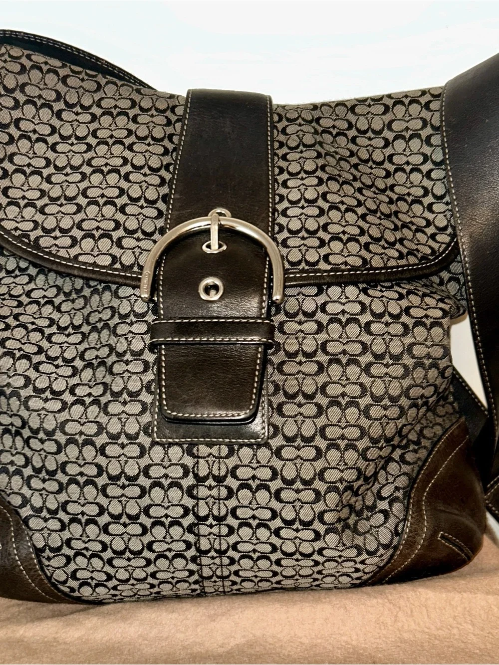 COACH Vintage Soho Signature Monogram Canvas and Leather Bag, black and gray